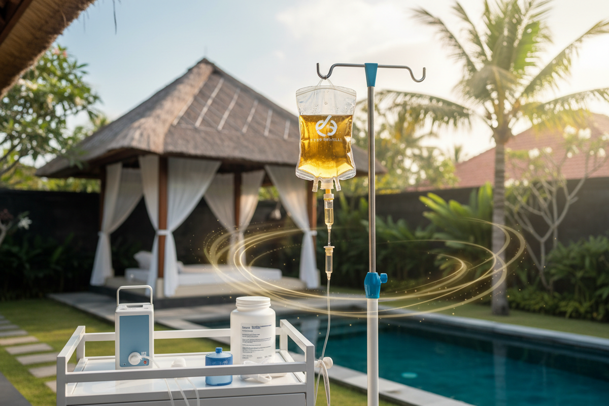 Mobile IV drip bag and medical equipment by a luxury villa pool in Bali